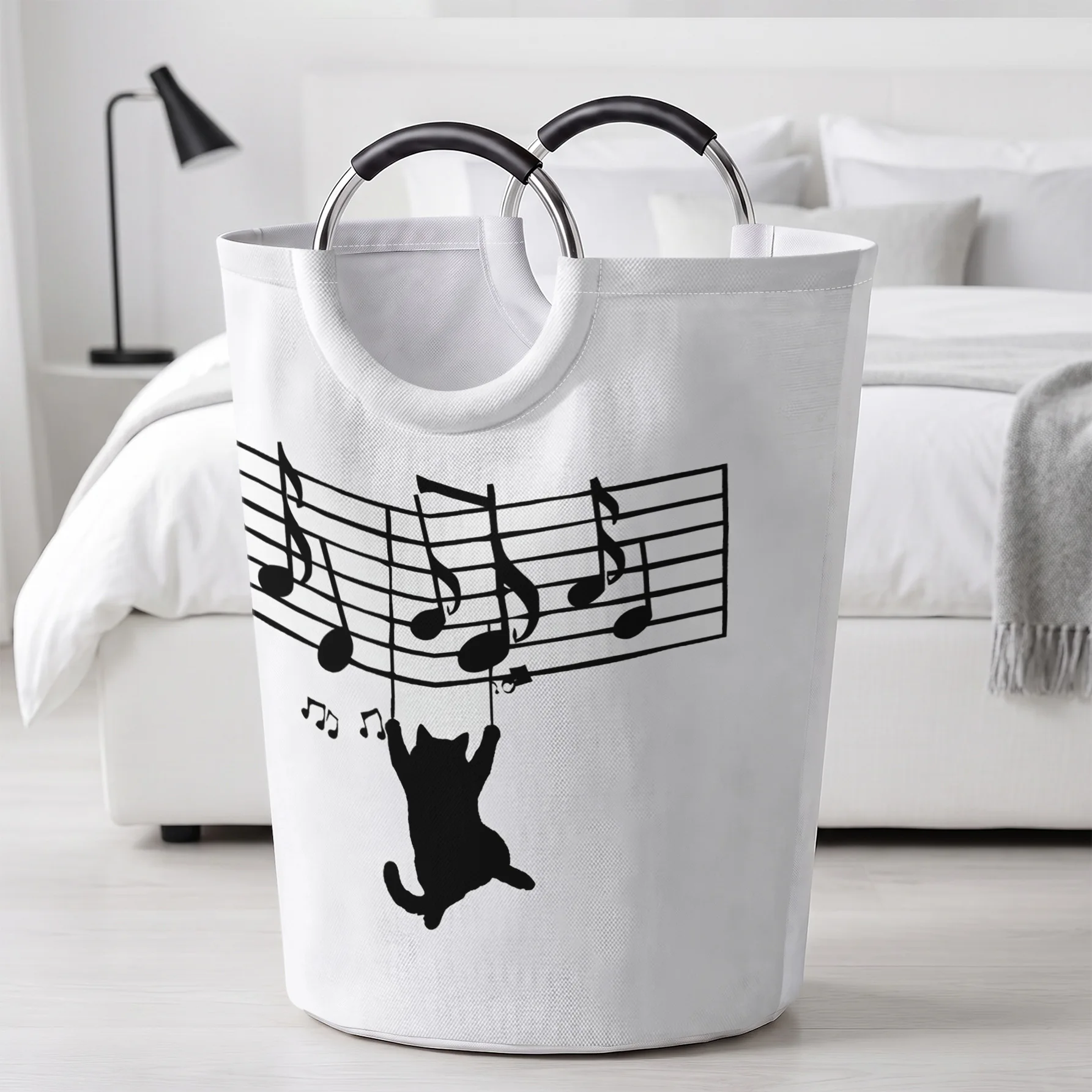 Music Note Black Cat Print Handheld Storage Basket, For Laundry, Bedroom & Home Sundries Storage