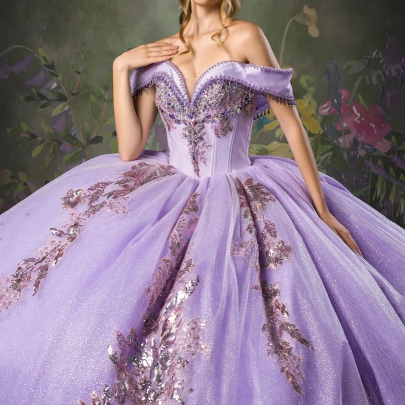 

Светло-сиреневые блестящие платья Quinceanera с открытыми плечами и блестками, аппликация, кружево, бисер, кристалл, тюль, вечерние, день рождения, сладкое платье 16,