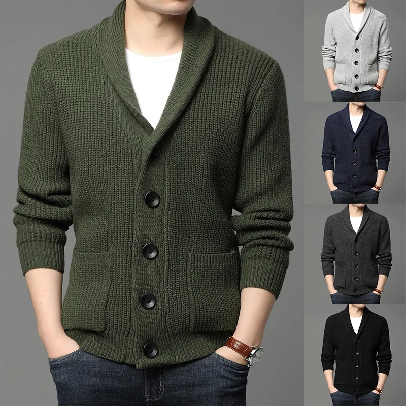 

Solid Cardigan Men V Neck Sweaters Loose Long Sleeve Single Breasted Casual Pockets Slight Strech Autumn Spliced Buttons