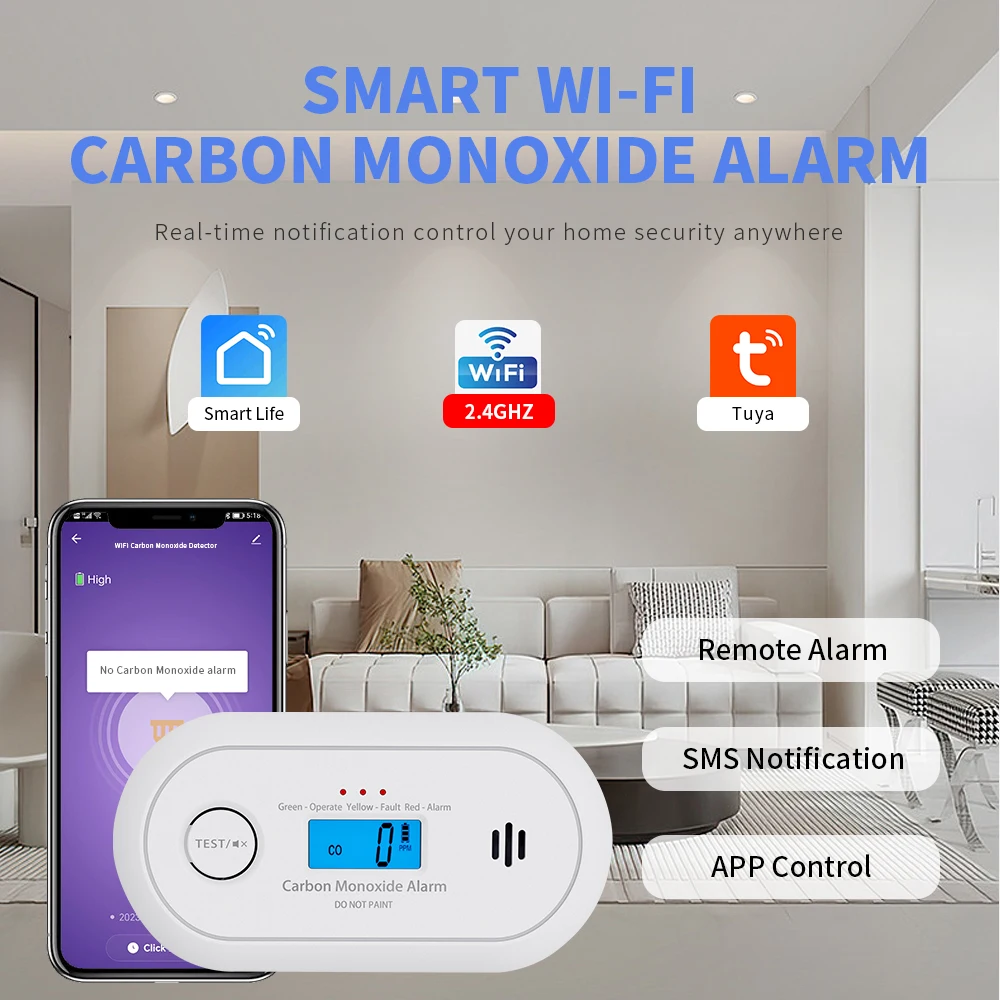 Detector de CO inteligente Wi-Fi V-COME con control de aplicación Tuya, alarma de monóxido de carbono WiFi con batería CR123A reemplazable, EN50291,VC22WR