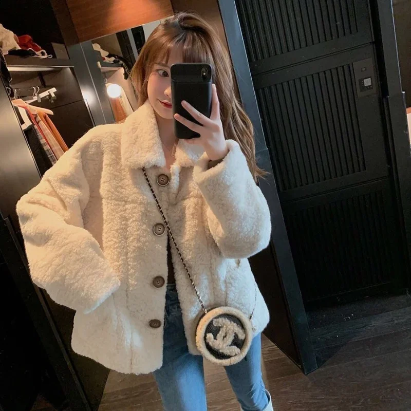 

Women Autumn Winter Lamb Wool Faux Fur Thick Plush Warm Cardigan Button Overcoat Solid Loose Long-sleeved Casual Top Outerwear