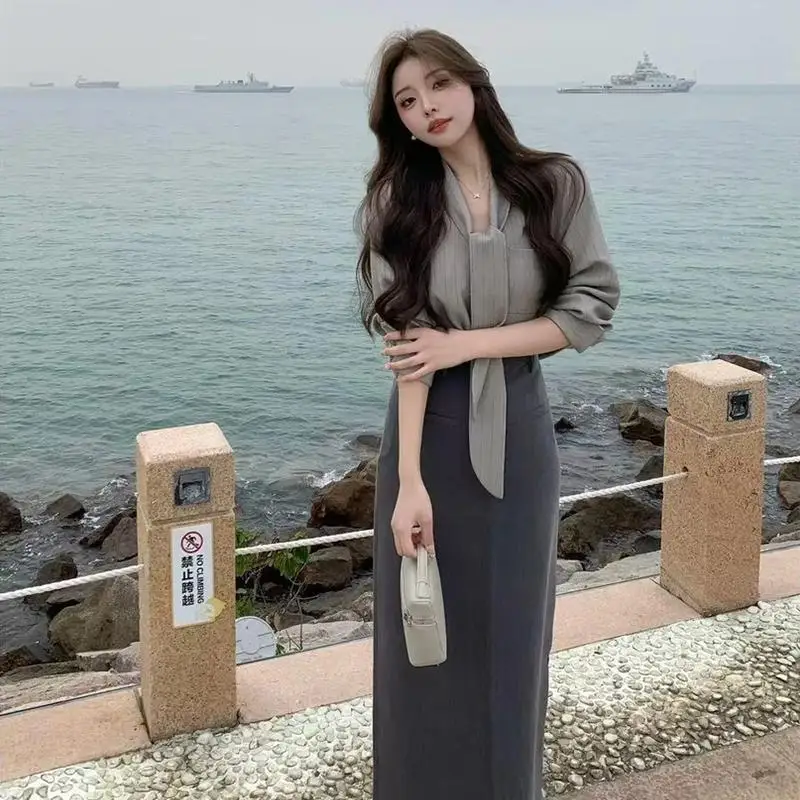 

French Style Grey Striped Long Sleeve Shirt And Skirt Fashion Set