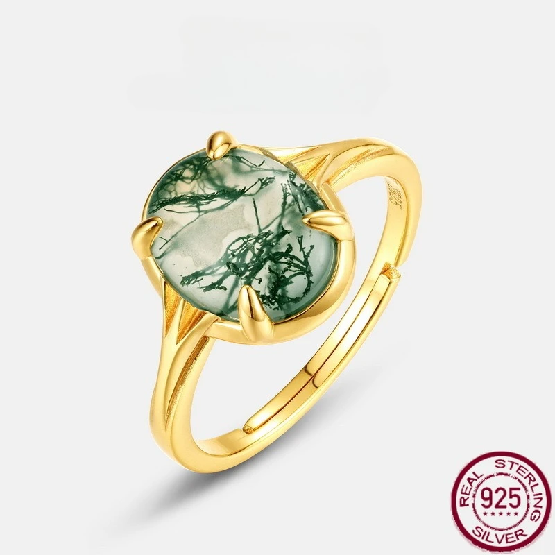 

New S925 pure silver atmospheric and simple egg shaped green moss stone ring with water grass agate finger ring, wedding jewelry