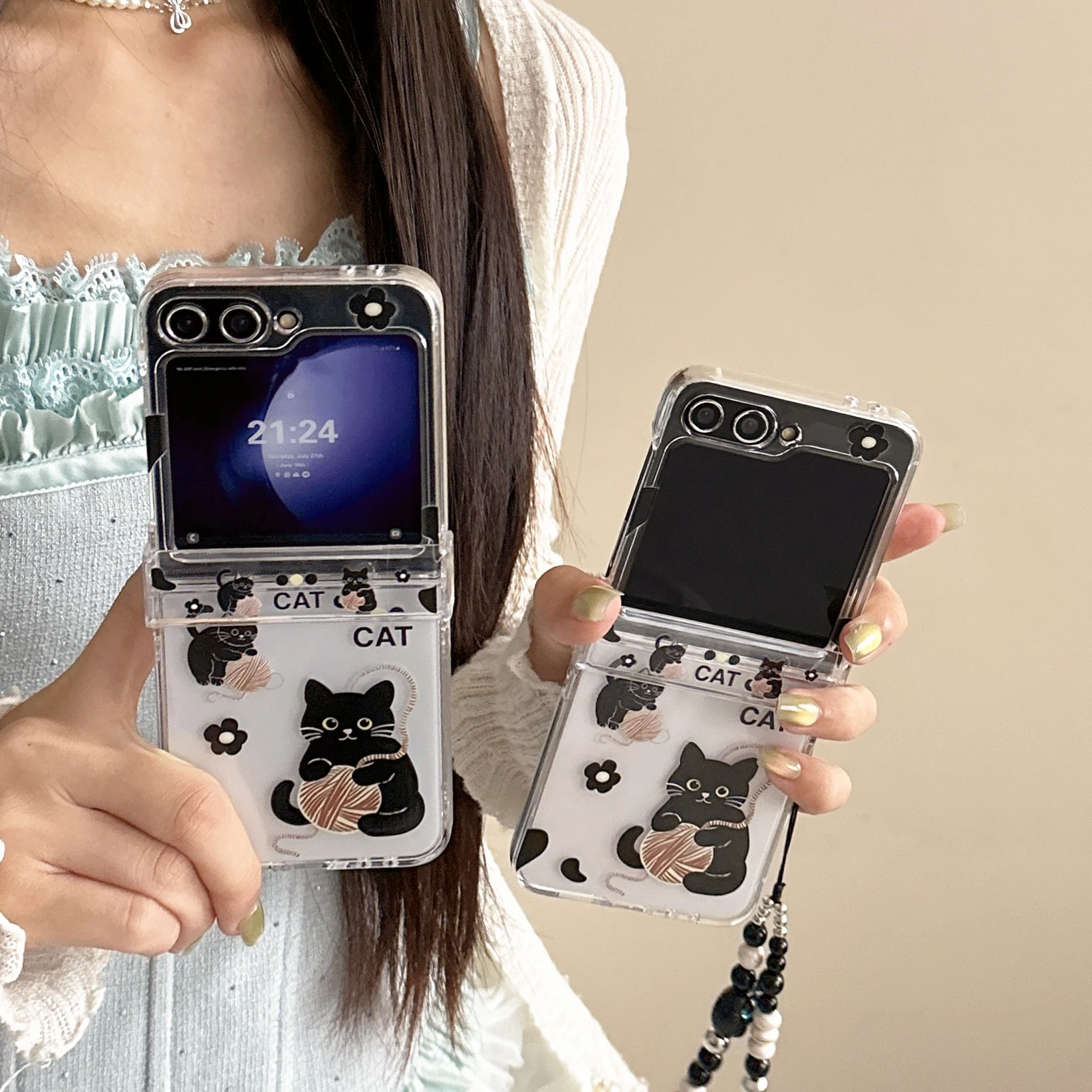 Süßes schwarzes Katzenmuster, klares Scharnier-Hülle für Samsung Galaxy Z Flip 3 4 5 6 7 ZFlip6, 3-teiliges Set mit Kette, schöne Rückseite