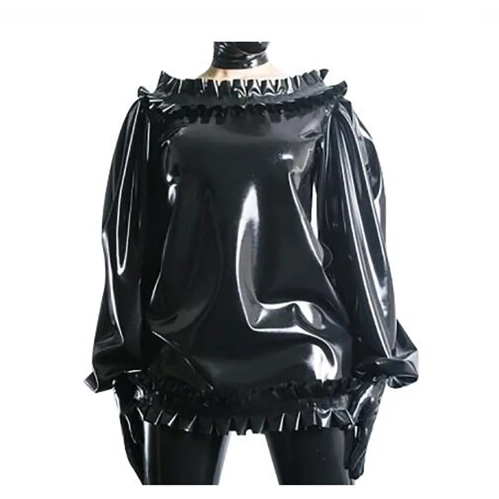 Latex Look Loose Dress with Frills Puff Long Sleeves, Round Collar, PVC Dresses, Nightgown, Shiny Faux Leather, Pullover Top