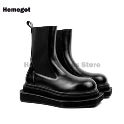 Platform Chelsea boots Men Motorcycle Booties Male Botas Black Elastic High-top Thick-soled Square toe Shoes Casual Party Shoes
