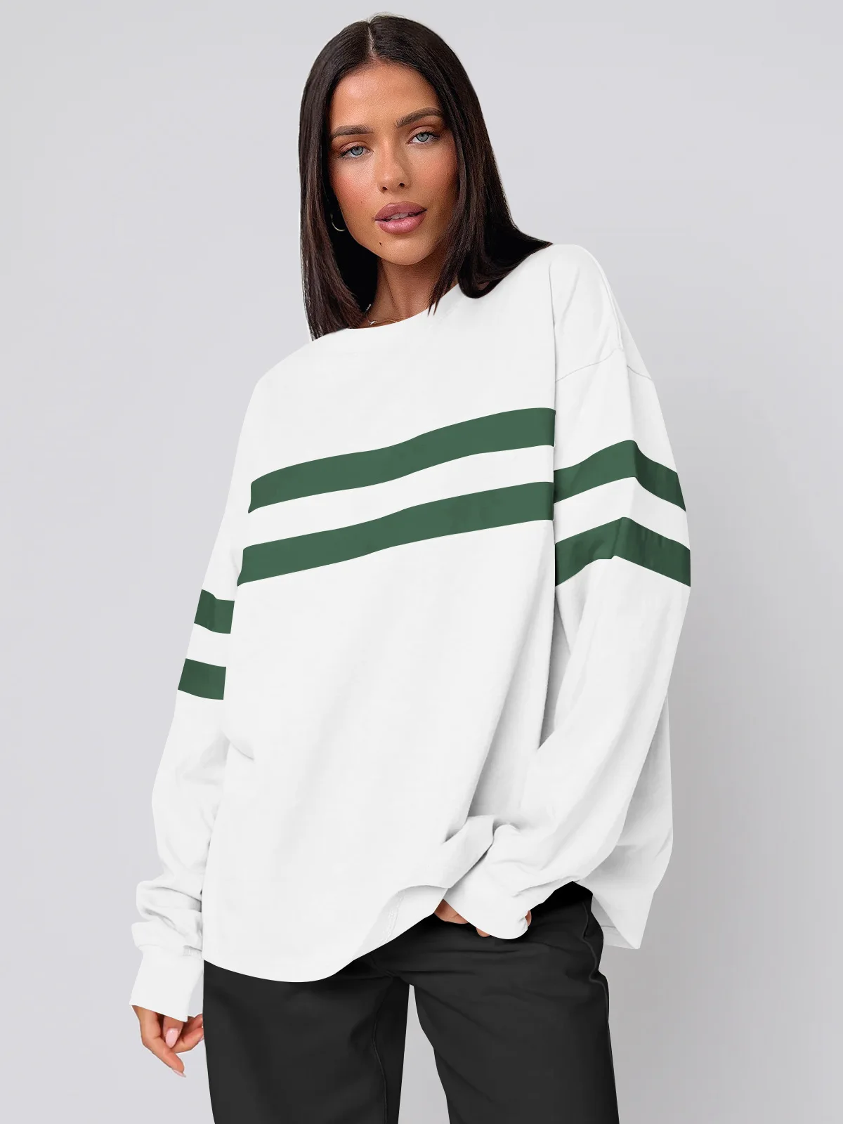 Frauen gestreiften Sweatshirt Herbst übergroße Langarm Rundhals ausschnitt lässig Pullover täglich Basic Soft Tops Streetwear