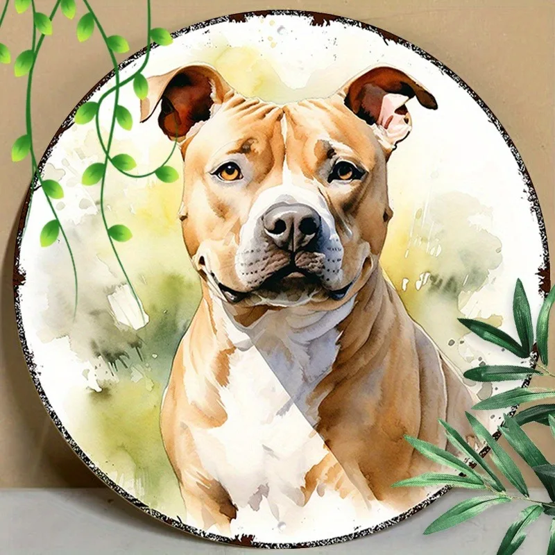 Retro Pitbull Dog Watercolor Art Round Metal Tin Plaque, American Pit Bull Terrier Wall Sign, Farmhouse Porch Bedroom Pet Themed