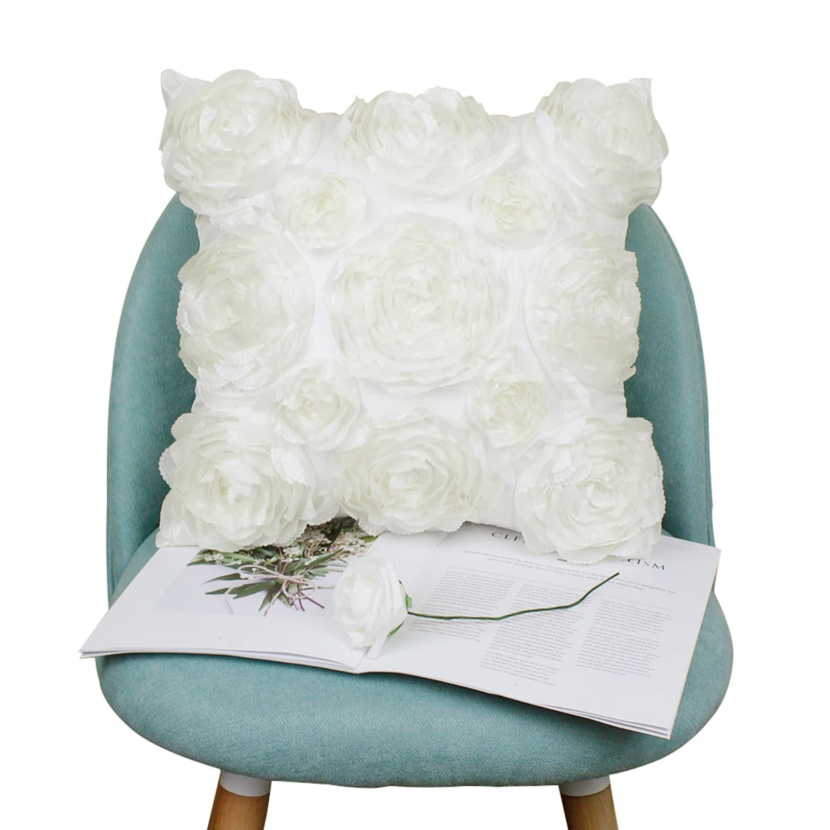 

42X42Cm 3D Rose Embroidery Throw Pillow Cushion Cover Sofa Car Seat Hotel Cafe Decor Invisible Zipper Cotton