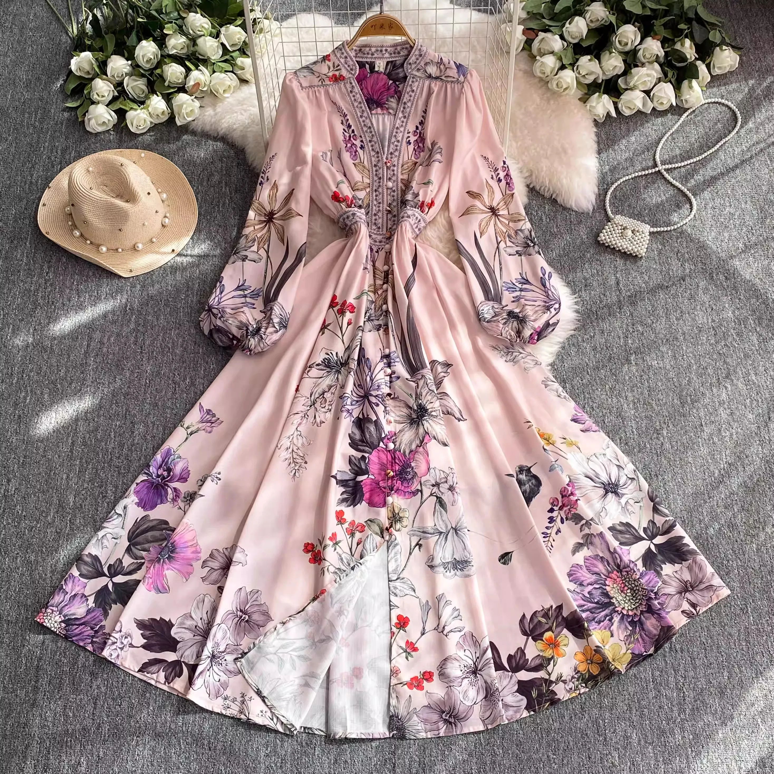 

Summer Holiday Floral Print Robe Dress Long Sleeve V-Neck A-Line Belt Beach Party Vestidos Buttons Down Women Maxi Clothes