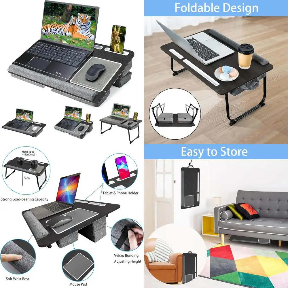 

Портативный регулируемый столик для ноутбуков до 17 дюймов с подушкой, для использования в кровати и на диване, складная подставка с держателем для планшета и телефона, для мыши