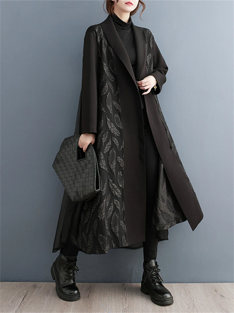 Oversized Turn-down Collar Women's Trench Coat 2024 New Autumn Winter Casual Loose Vintage Patchwork Fashion Outerwear Cardigan