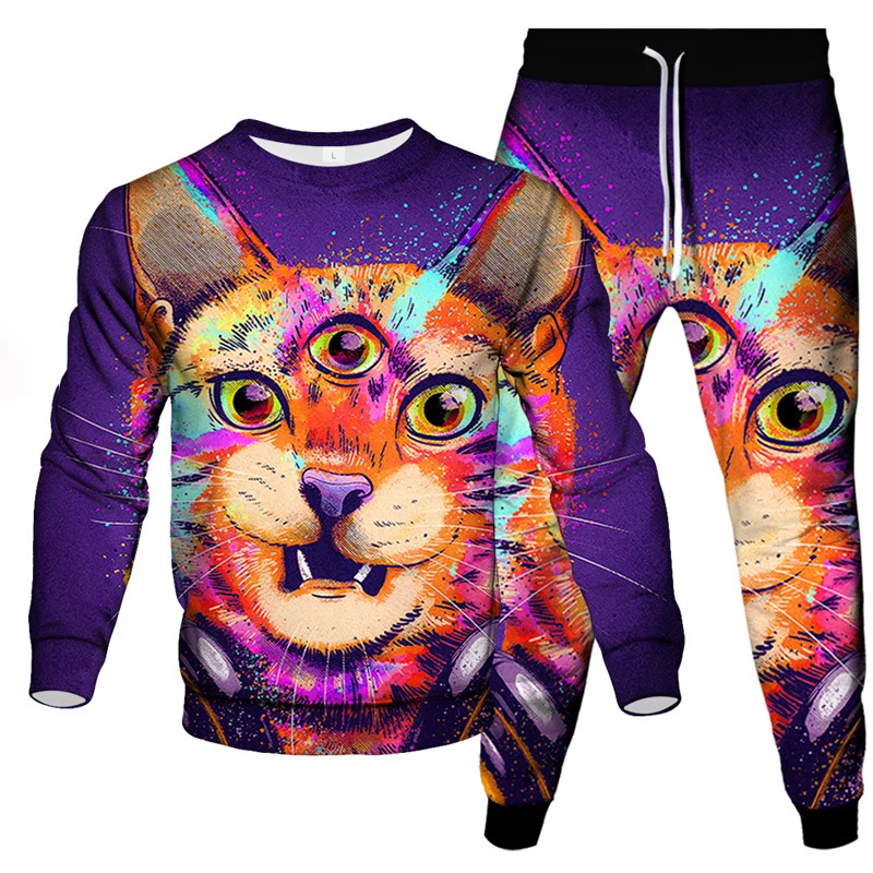 Fashion Funny Animal Cat 3D Print Men\'s Sportswear Set Long-Sleeved T Shirt Pants 2-Piece Set Oversized Pullover Men Clothing