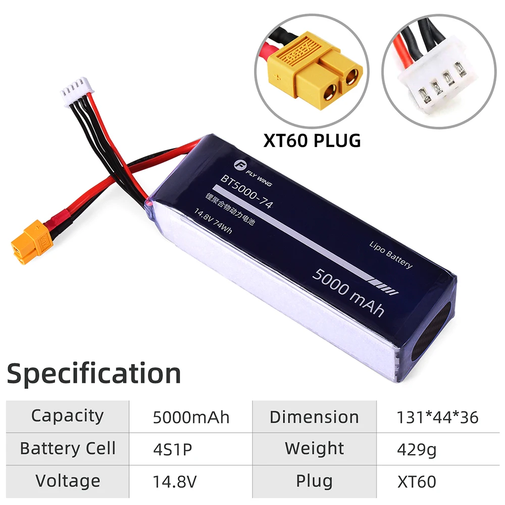 Batteria Lipo 5000mAh 4S ACE Tattu 14.8V 35C batteria di aggiornamento con spina XT60 per elicotteri RC Fly Wing FW450L 25 minuti Fly Time