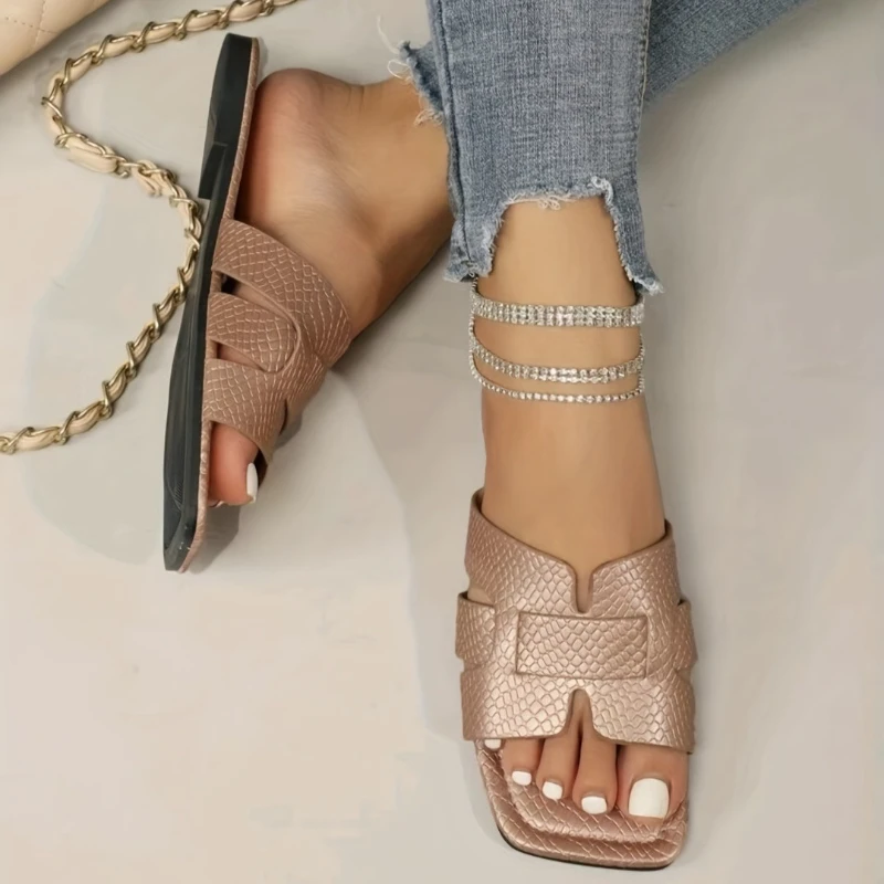 صنادل نسائية بمقاسات كبيرة، أحذية شاطئ كاجوال محبوكة مسطحة القاع للزوجين، ملابس خارجية صيفية، صنادل مريحة للنساء #4