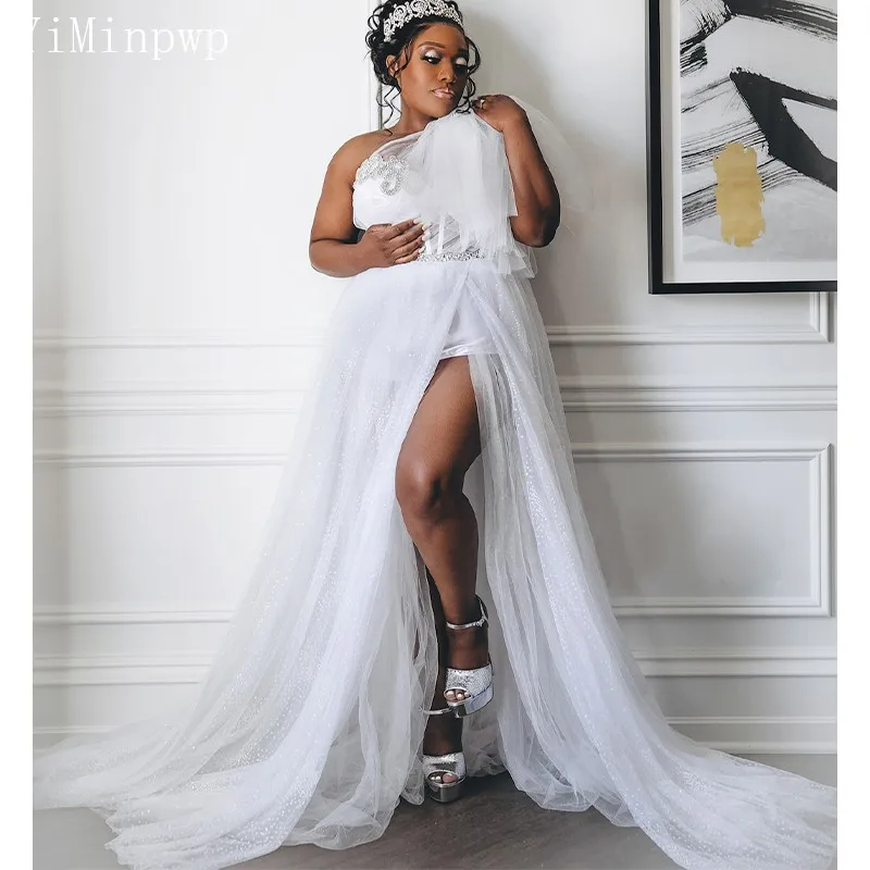 YiMinpwp African White Bride Robes 2023 Side Split Sash Neck Beading Tulle Wedding Gowns Bridal Shower Dresses robe de mariée