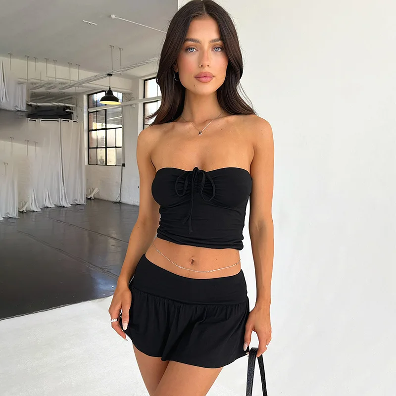 Gtpdpllt Sexy 2 Piece Set Women Summer Vacation Outfits Going Out Dress 2024 Tube Top And Mini Skirt Matching Sets Y2K Clothing