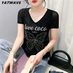 2024 Summer Streetwear Girl t-shirt da donna a maniche corte Chic Butterfly Hot Diamonds Tees New Female Sexy Backless All Match Tops