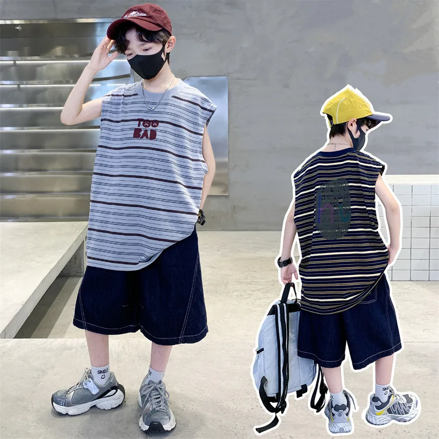 

Tween Boys New Summer Clothing Set Sleeveless Tshirt + Denim Shorts Two Pieces Suit Soft Cotton Outfit Kids Child Streetwear