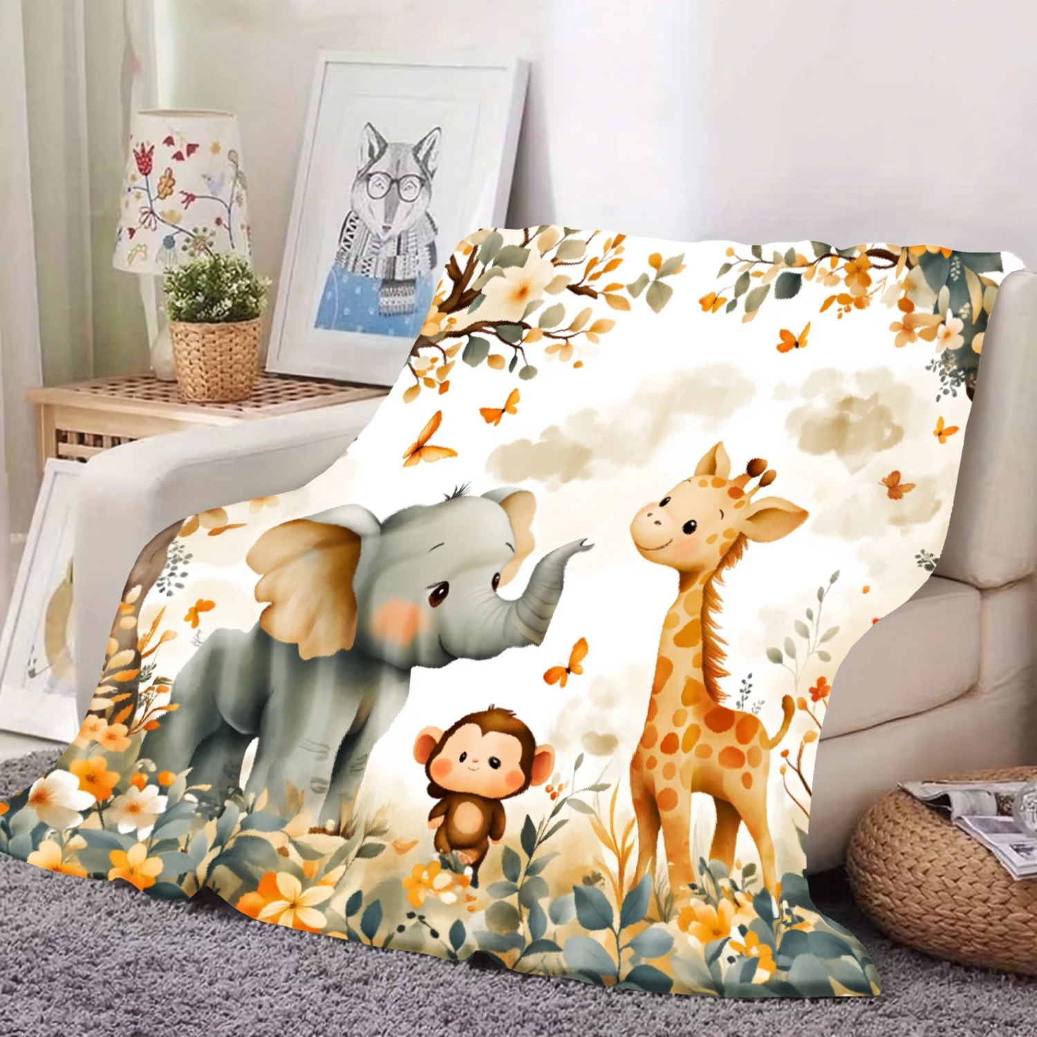 Multifunctional Vacation, Comfortable Flannel Throw Blanket with Elephant, Monkey And Giraffe Patterns - Soft, Warm, Suitable fo