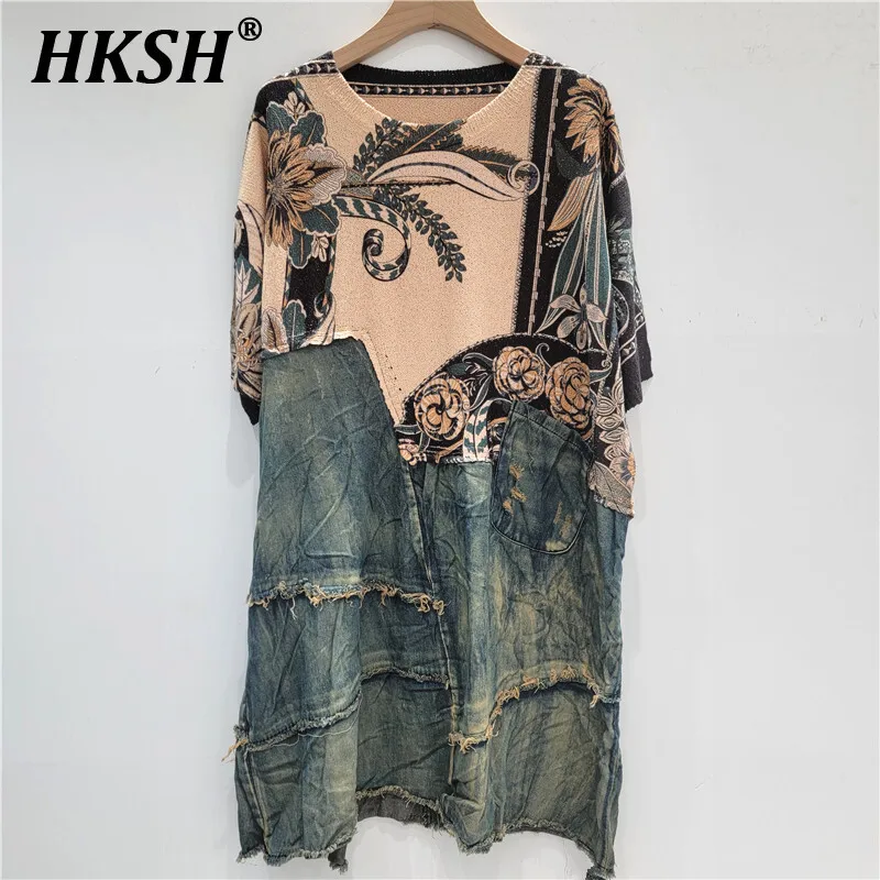 

HKSH Summer New Women's Ins Trendy Fashion Streetwear Vintage Chic Tide Printed Patchwork Denim Short Sleeved Loose Dress HK5974