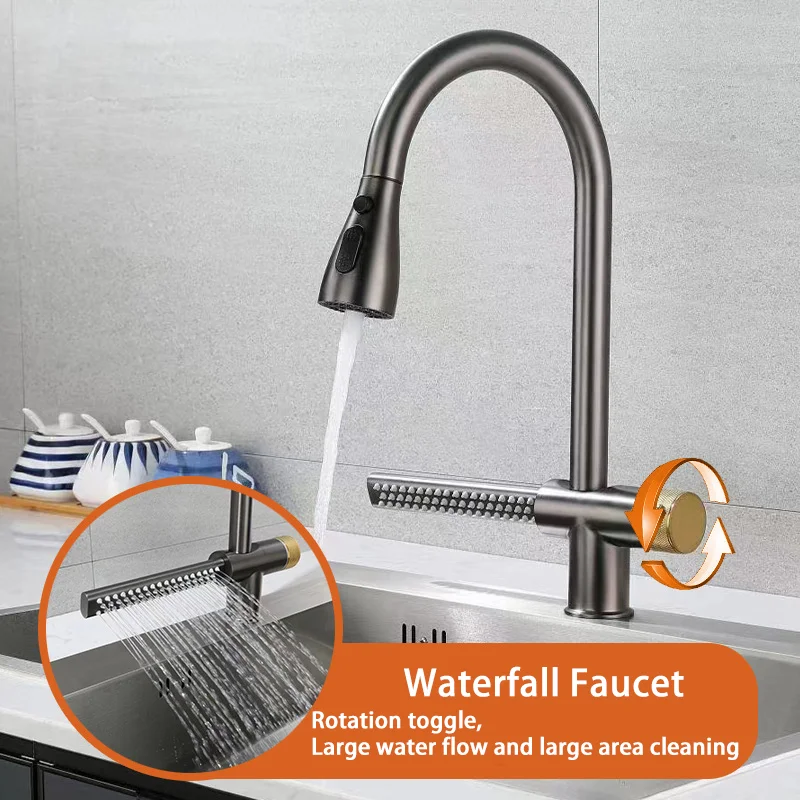 Waterfall Faucet Kitchen Sink Basin Bowl Mixer Hot Cold Pull out Water Tap Watering Faucet