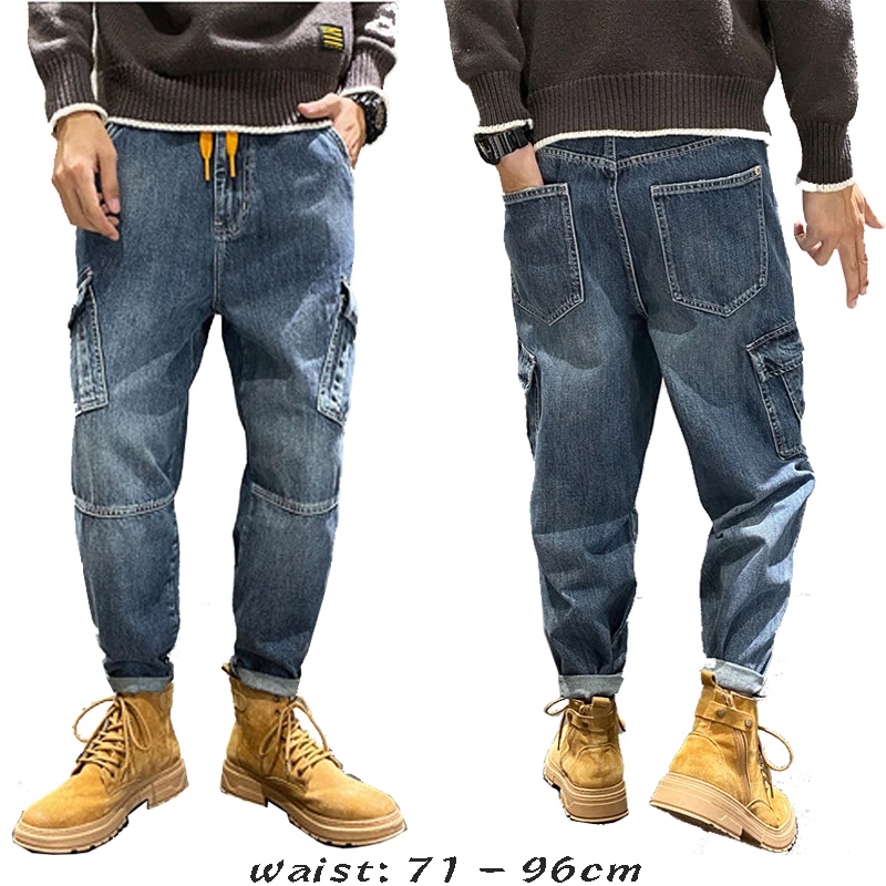 

High quality long baggy cargo jeans for men big size multi pocket cotton denim casual vintage trousers new 2024 clothing - blue