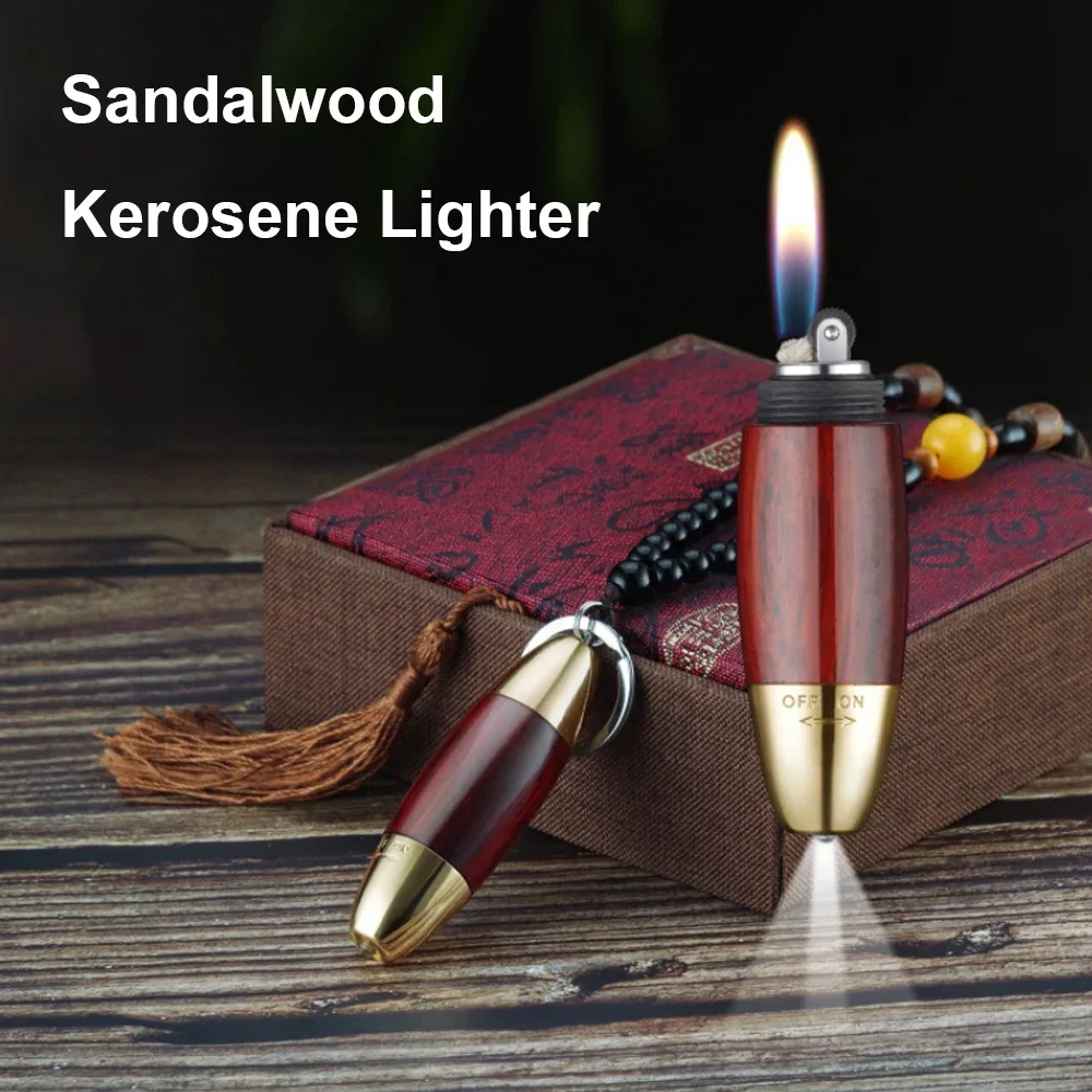 Sandalwood Kerosene Lighter Creative Mini Keychain Grinding Wheel Gasoline Flint Lighter With Flashlight Gift For Men