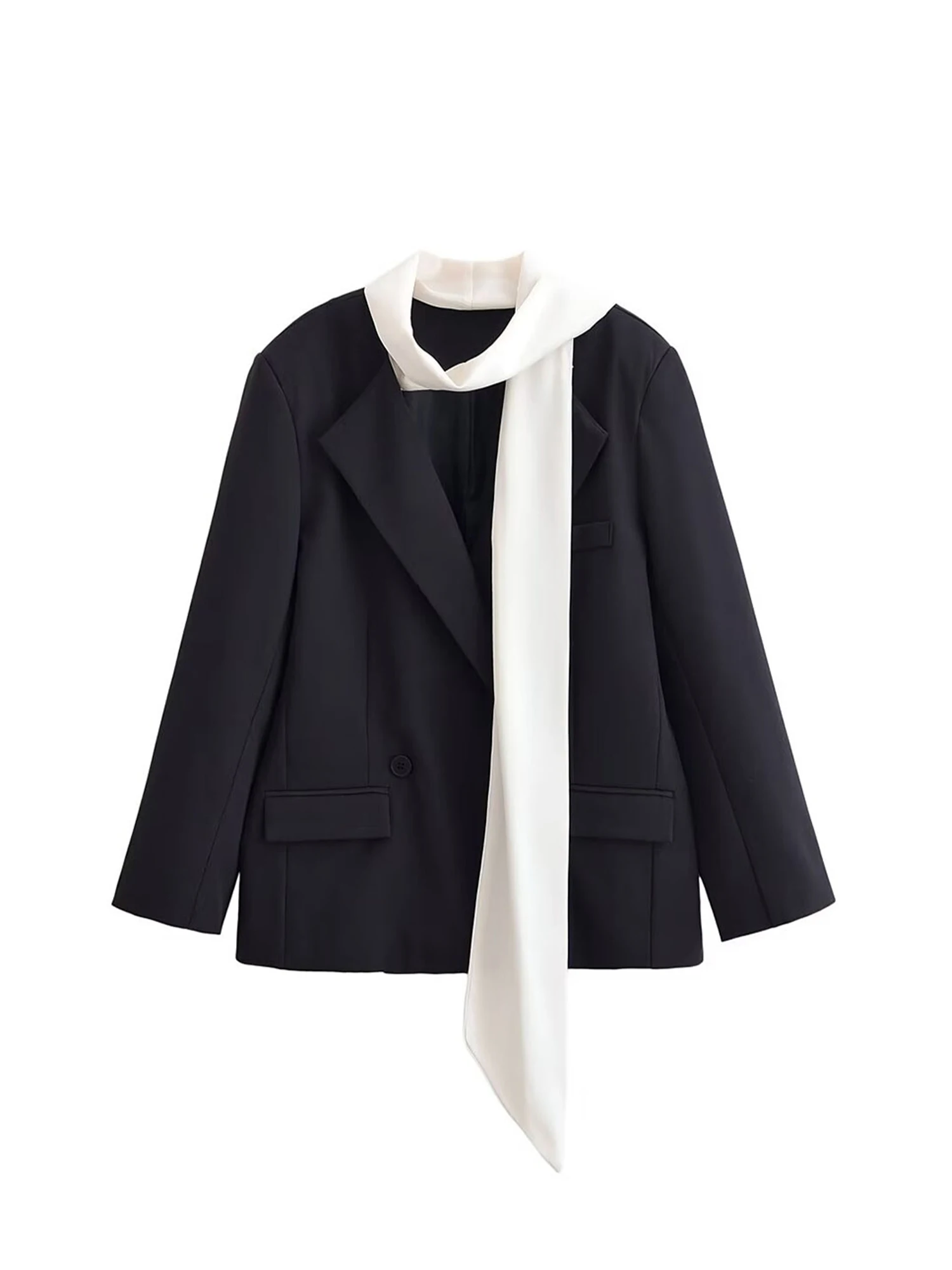 

Women's Black Gothic Blazer Jacket with Scarf Vintage Long Sleeve Oversize Outerwear Single Breasted Suit Coat Y2k 2000s Autumn