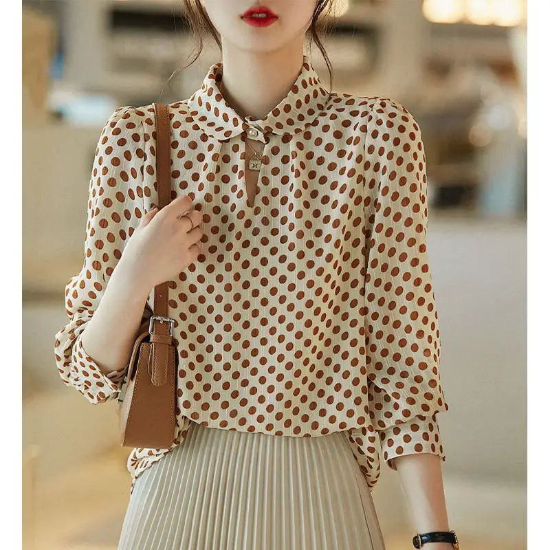 Spring Autumn New Stand Collar Long Sleeve Blouse Women High Street Polka Dot Printing Button Pullovers Elegant All-match Tops