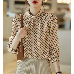 Spring Autumn New Stand Collar Long Sleeve Blouse Women High Street Polka Dot Printing Button Pullovers Elegant All-match Tops