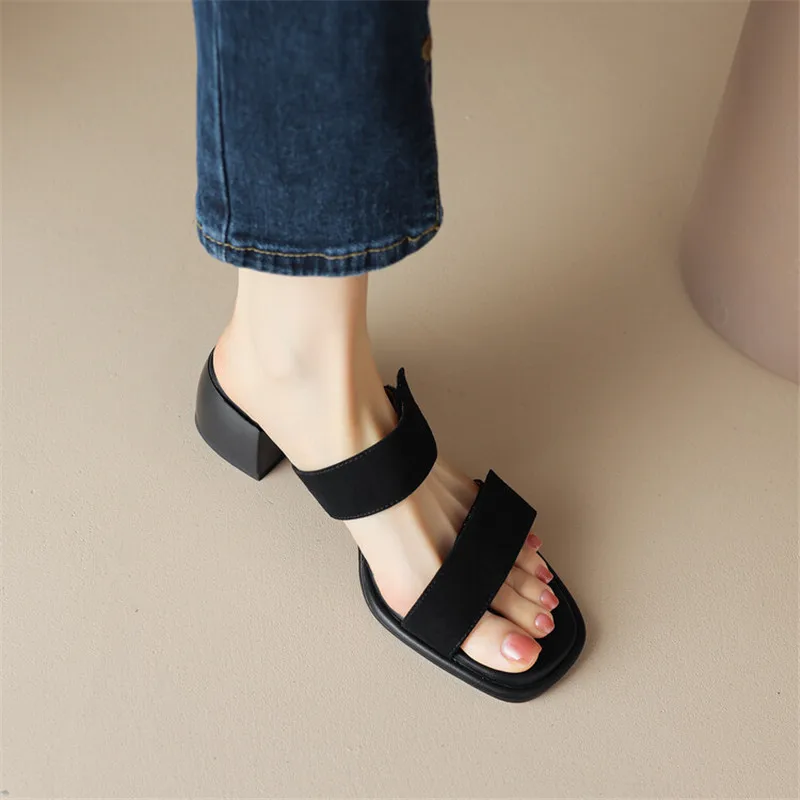 New Sheep Suede Summer Slippers Women 2023 Square Toe Chunky Heel Sandals Soft Open Toe Shoes for Women Handmade Slippers Women