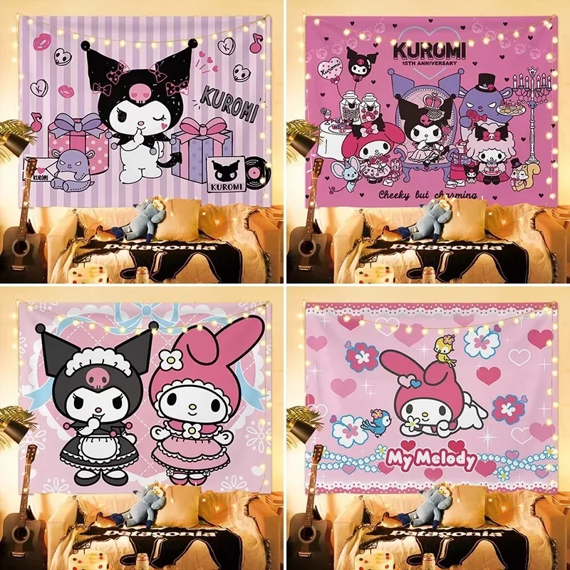 Sanrio Kuromi Cute Tapestry Decoration Cute Girl Heart Wall Decoration Wallpaper Room Kuromi with Lamp Wall Tapestry Room Decor