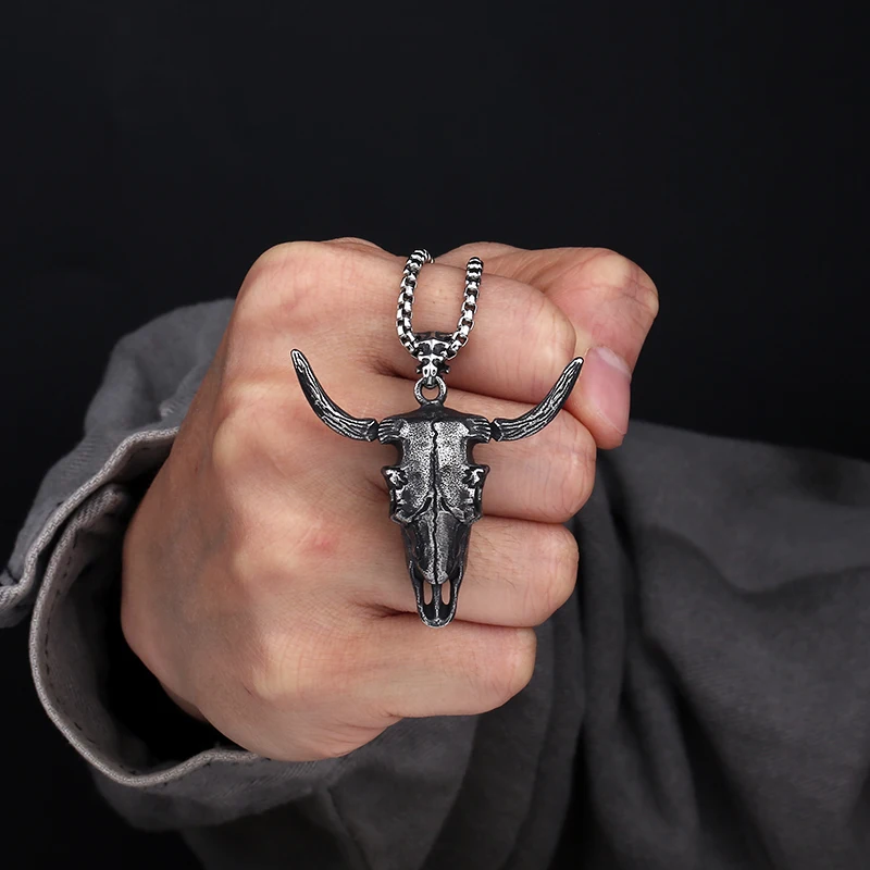 Fashion Dropshipping 316L Stainless Steel Punk Cow/Bull Ox Head Skull Charm Pendant Necklace For Man Hiphop Jewelry Party Gift