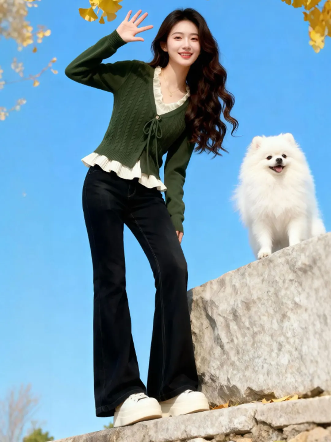 

Design Sensation Slim Fit Sweater with Wooden Detailing Gentle Sle Two-Piece Look Korean Sle Long Sve V-Ne Sweater