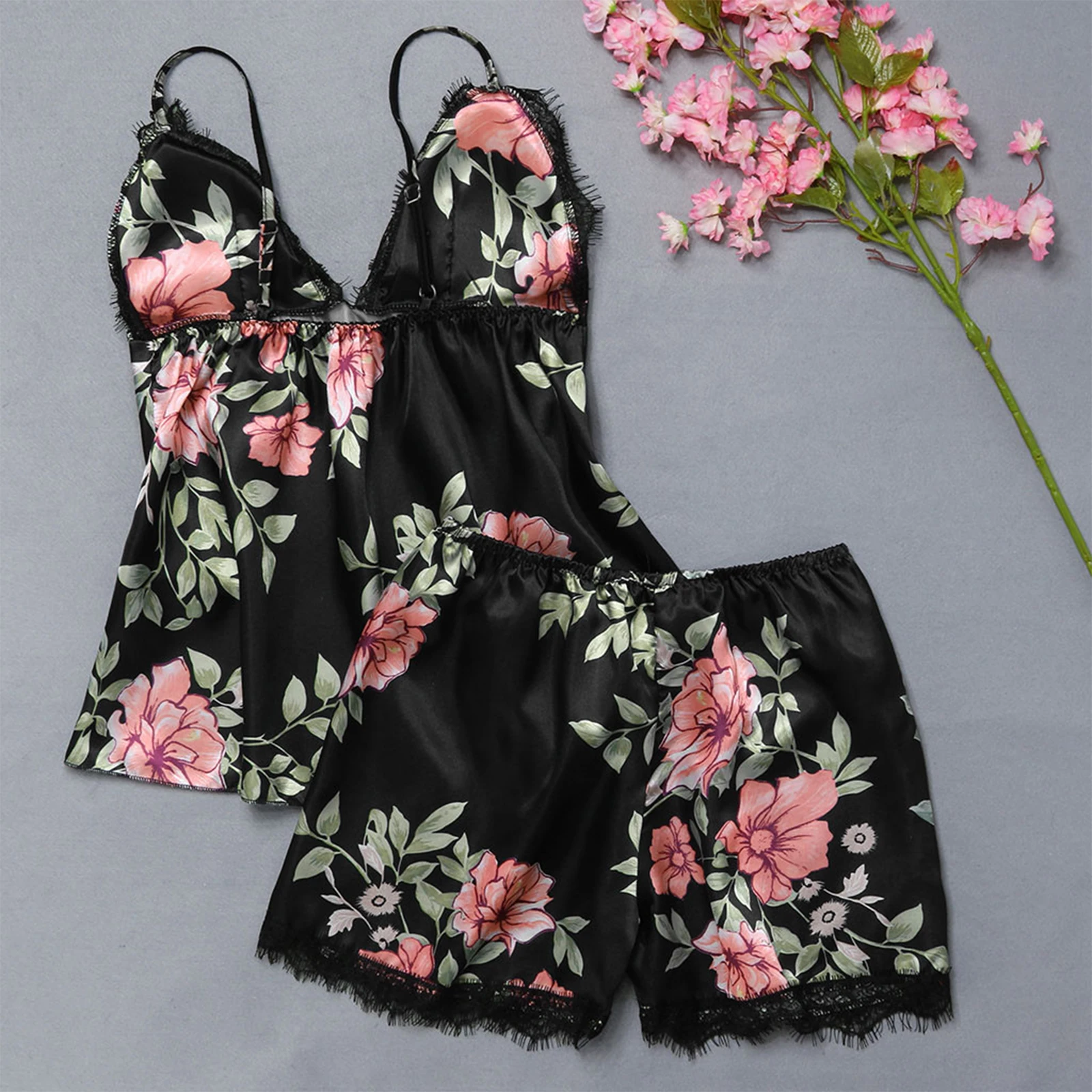 

Женский пижамный костюм, модный эластичный атласный костюм с v-образным вырезом, кружевное сексуальное женское белье, пижамы с бантом, шорты для сна, комплект одежды для сна, новинка