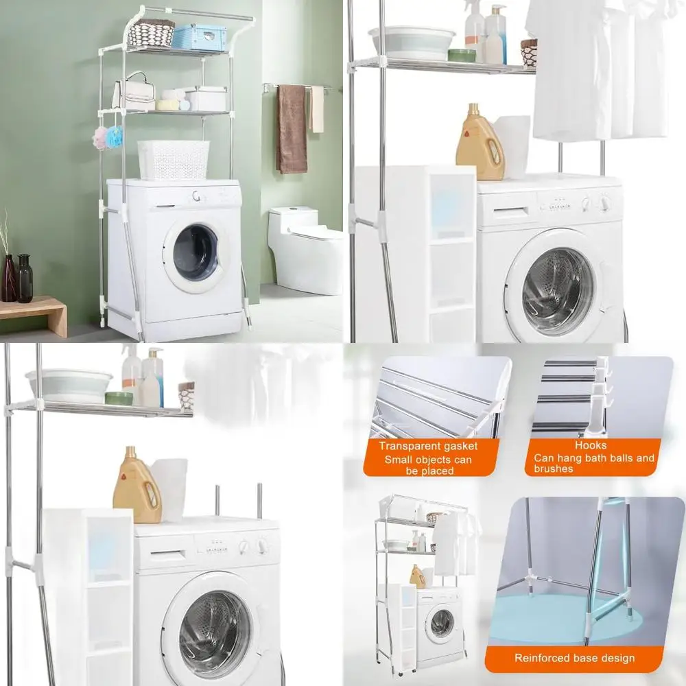 

Adjustable 2-Tier Laundry Shelf with Hanging Rod for Over Washer and Dryer, Space-Saving Bathroom Storage, White
