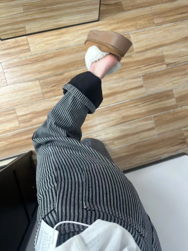 Thiened Fce 안감이 있는 따뜻한 데님 청바지 하이웨이스트 루즈 스트레이트 와이드 레그 팬츠 여성용 가을 겨울 신상품 Sle PmORh 브랜드