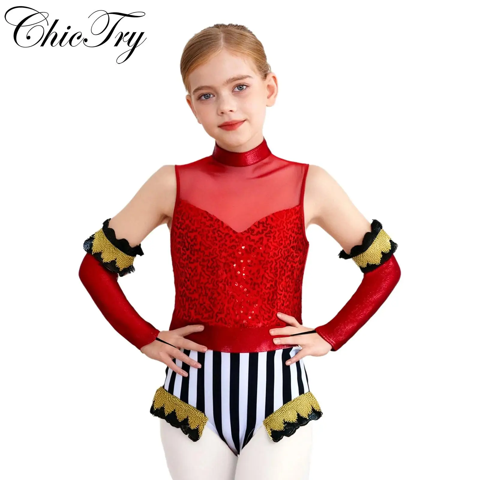 

Kids Girls Circus Ringmaster Costumes Cosplay Leotard Halloween Carnival Dress Up Sequins Bodysuit Jumpsuit with Over-Sleeve