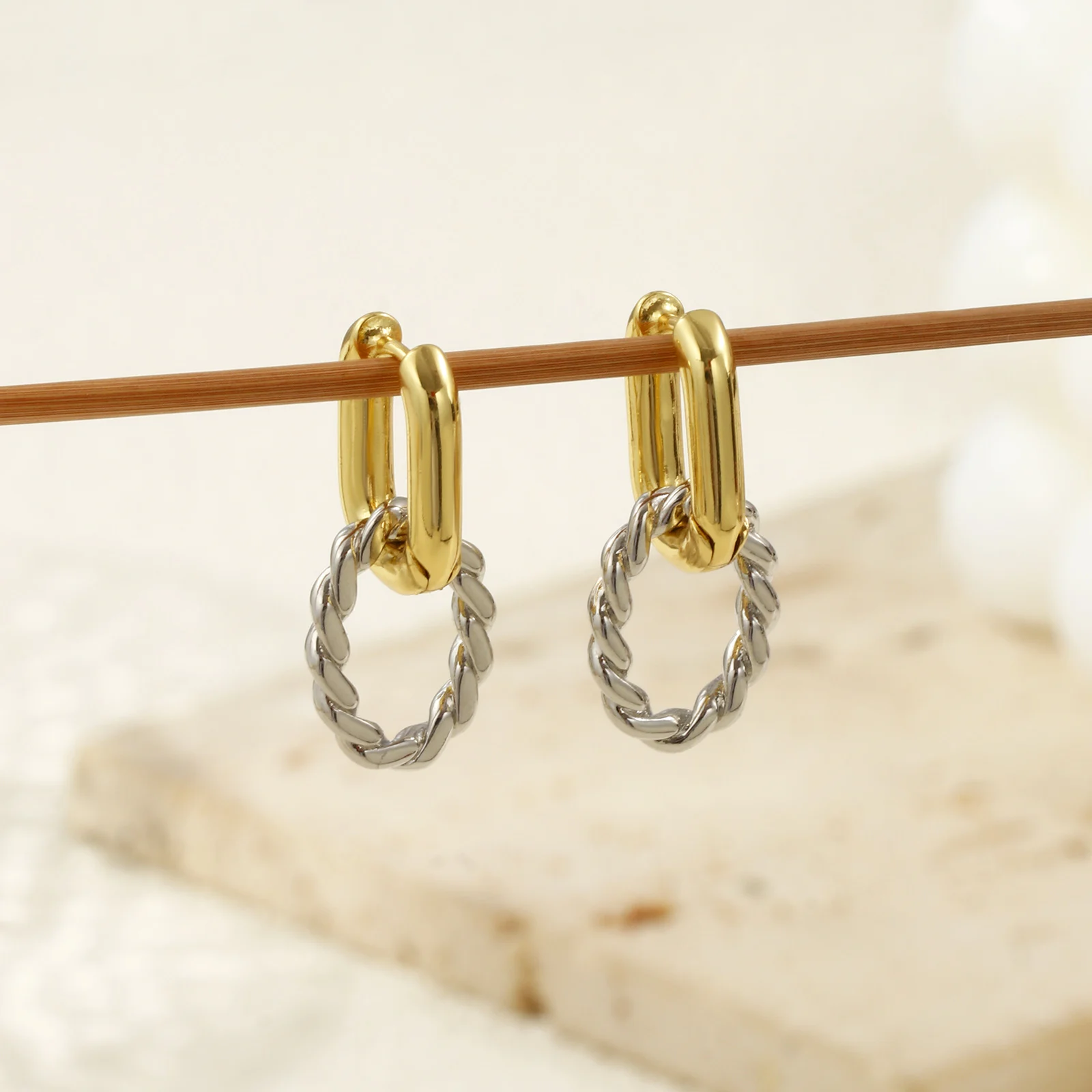 1 Pair Minimalist Exquisite Gold Plated Brass Oval Two Tone Earrings For Women Jewelry Gift 27mm x 12mm, Post/ Wire Size: 0.9mm