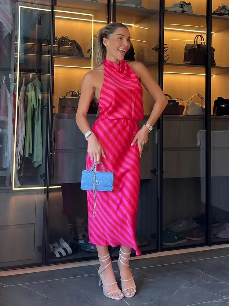 TFMLN New Women's Striped Skirt Set Halter Neck Backless Tops Elasticated Waist Midi Skirts Casual Summer 2 Piece Sets Lady