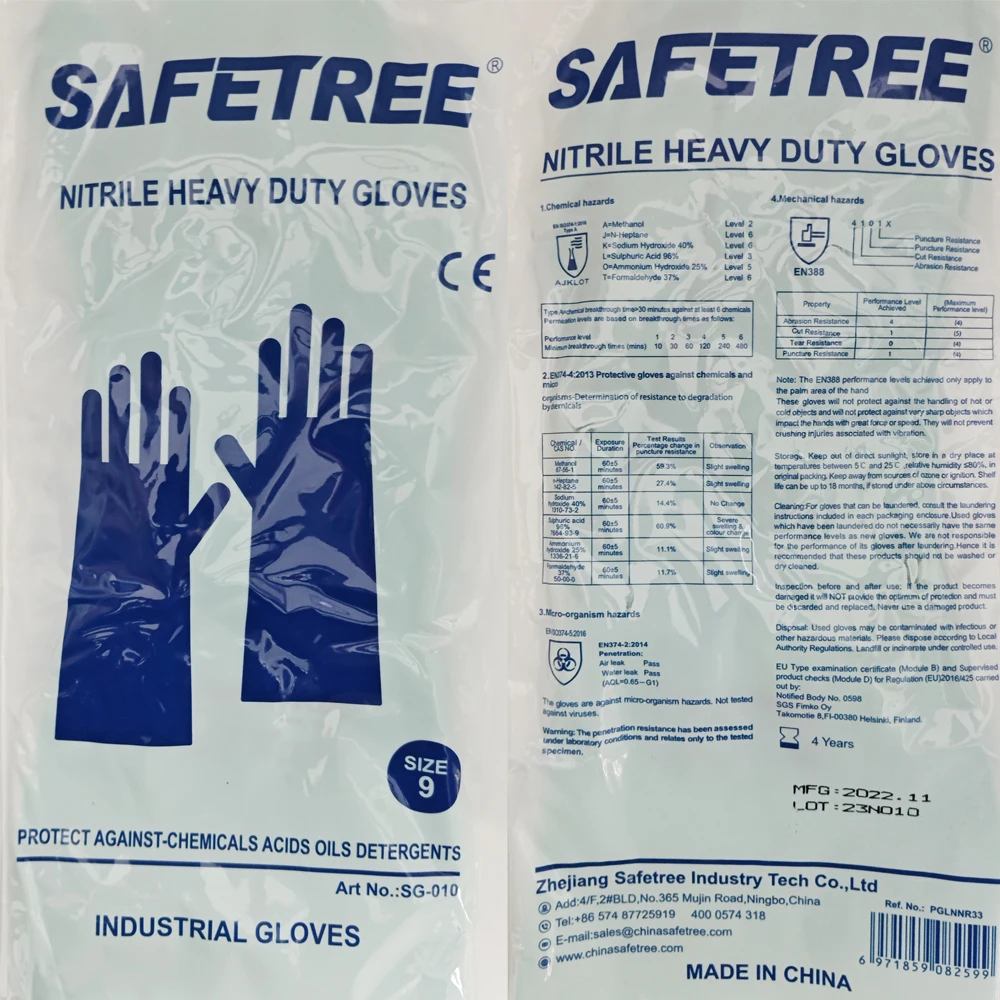 SAFETREE 15mil 33cm Green Nitrile Chemical Resistant Gloves Latex-Free Heavy Duty Oil&Acidproof MICROORGANISMS Safe Glove