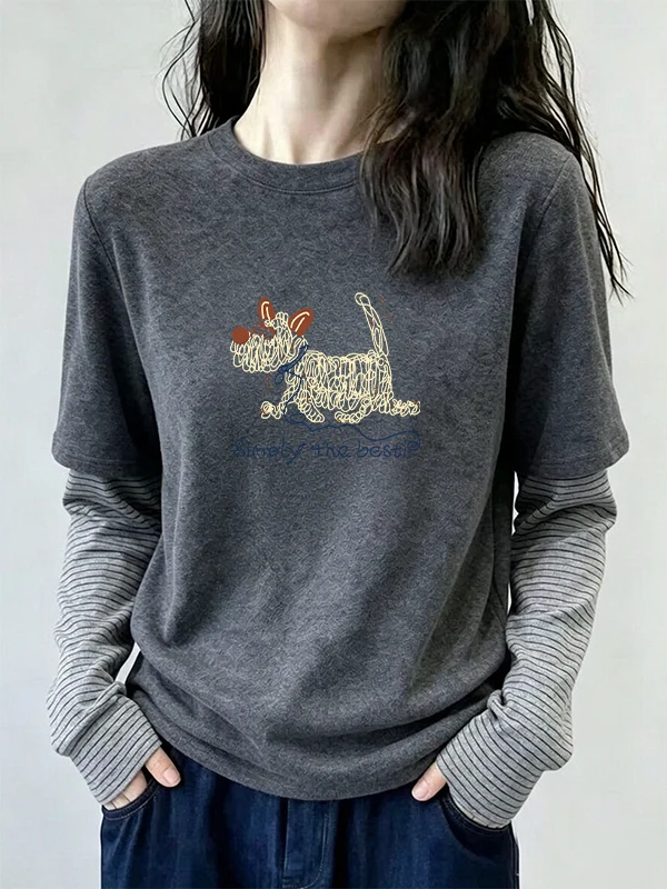 Loose Long Sleeve T-Shirt Women's Deep Grey Velvet Spring Autumn Style Slimming Fashionable Base Shirt High Waist round Neck