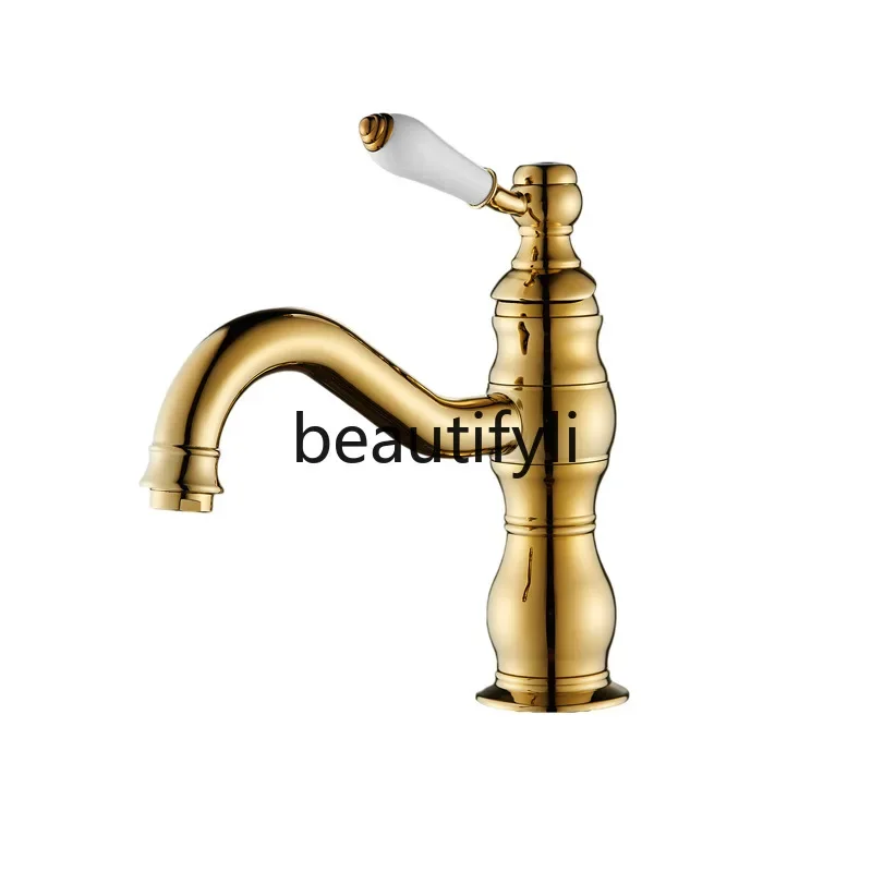 

Retro faucet All-copper European classical gold faucet Washing table Basin Under the counter Creative hot and cold water head