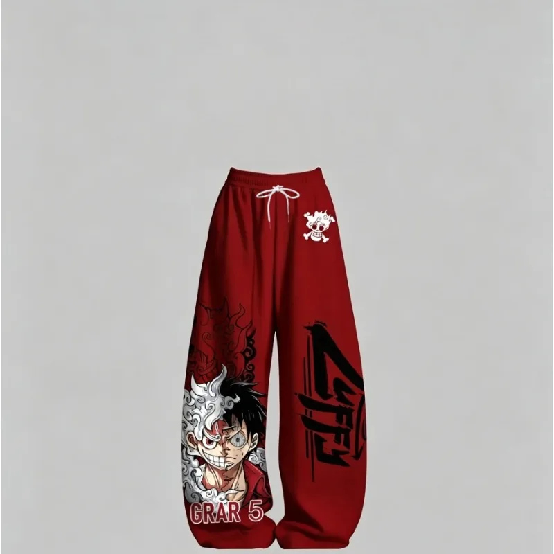 One Piece Mengqi D-Road Flying Five Level Theme Casual Pants Red Bottom Manga Character Printing Anime Wide Leg Pants