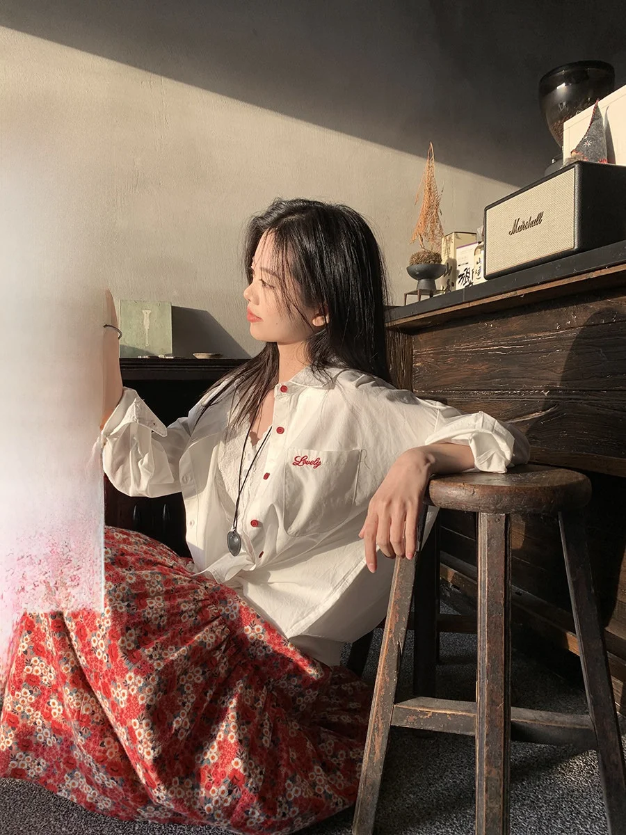 

Sinbounboun Oversize Long Sve irt Embroidered Small Letters Red Button Collar Sun Protection Women's Casual Sle C...