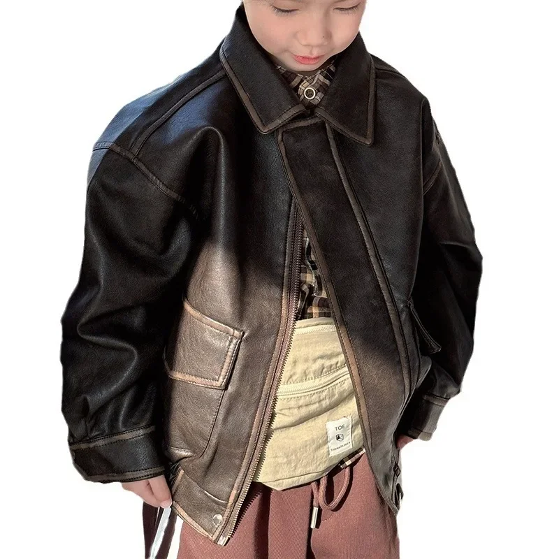 Vintage Leather for Kids Boys Coat Autumn Winter Street Handsome Warm Kids Leather Jacket Fashion Waterproof Children Outwear