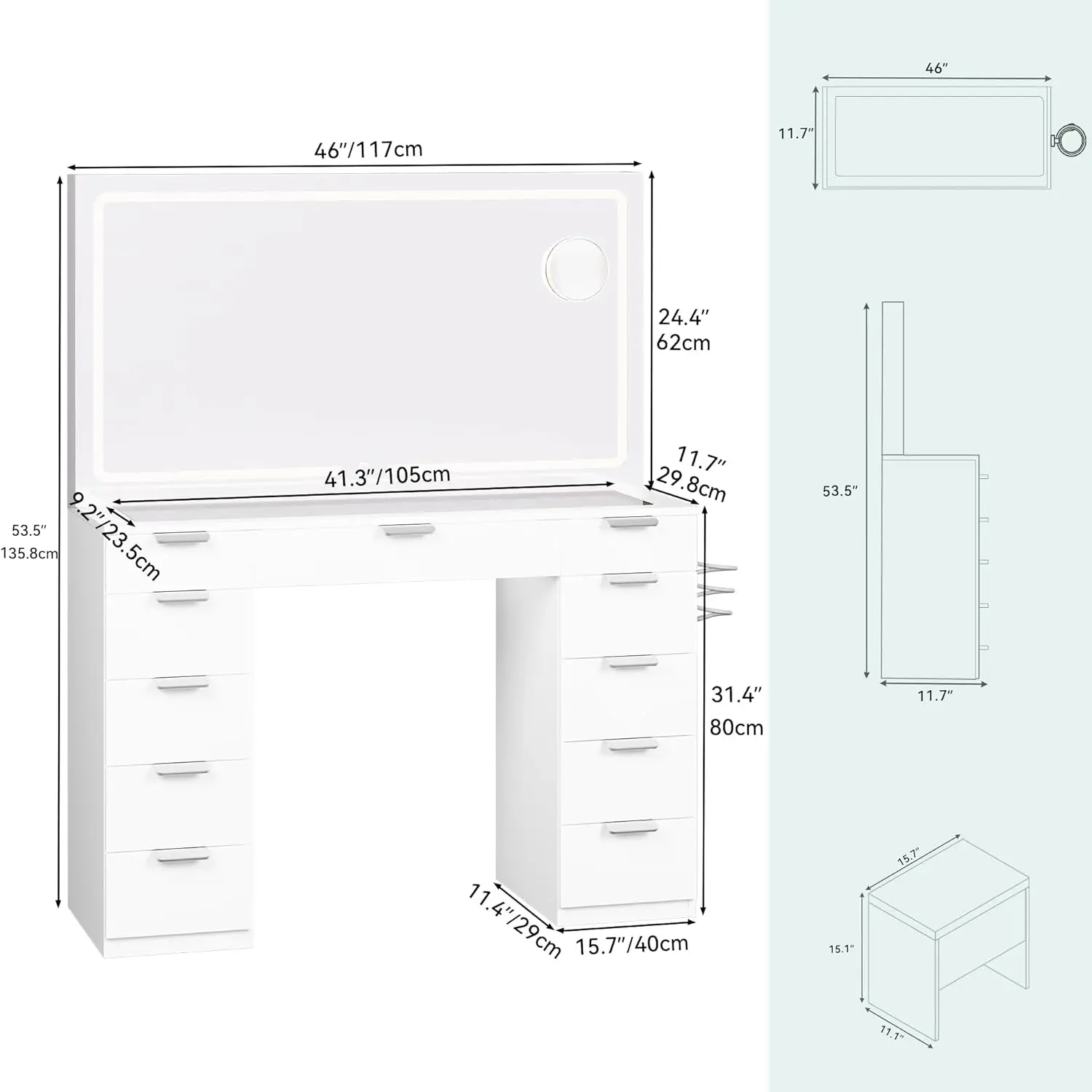 Vanity Desk Set com Grande Espelho Iluminado e Tomada de Energia, Maquiagem Vanity, 11 Gavetas, Lupa, 46"