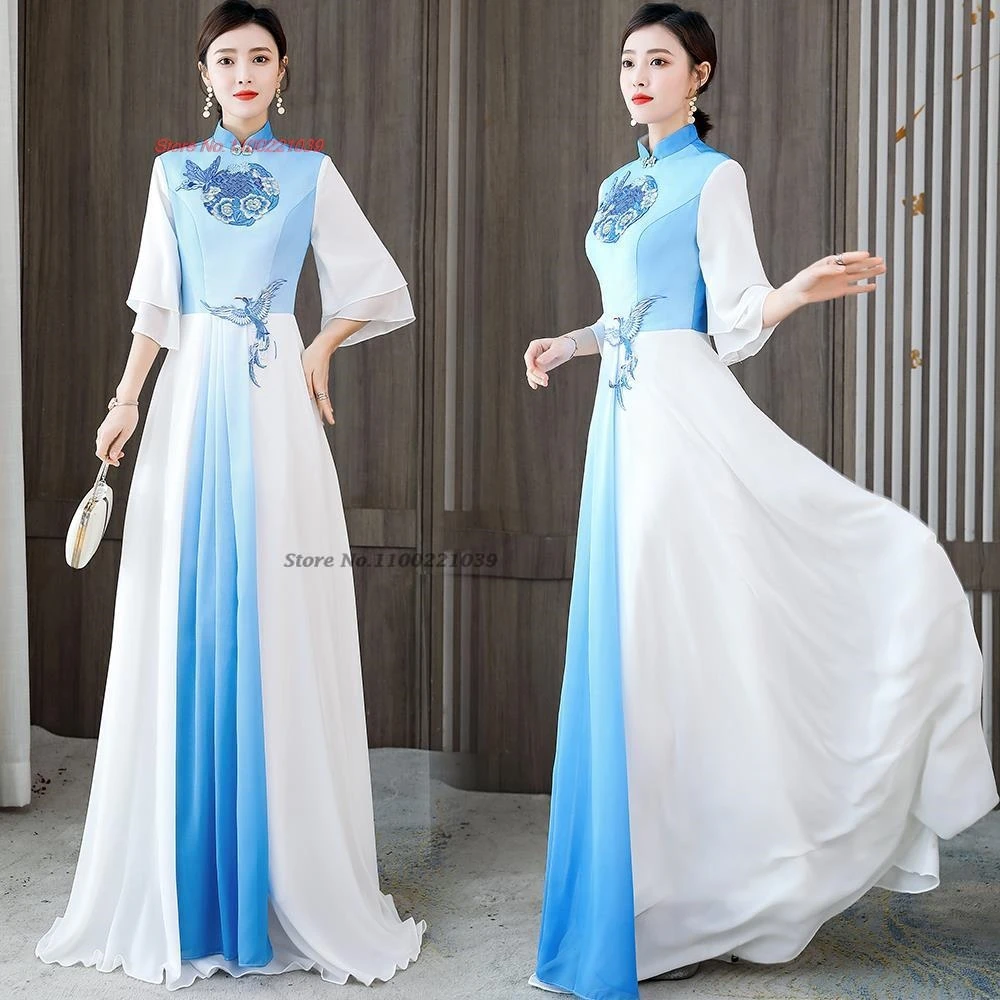 2025 traditional chinese vintage dress women improved cheongsam national flower embroidery qipao banquet evening dress vestido