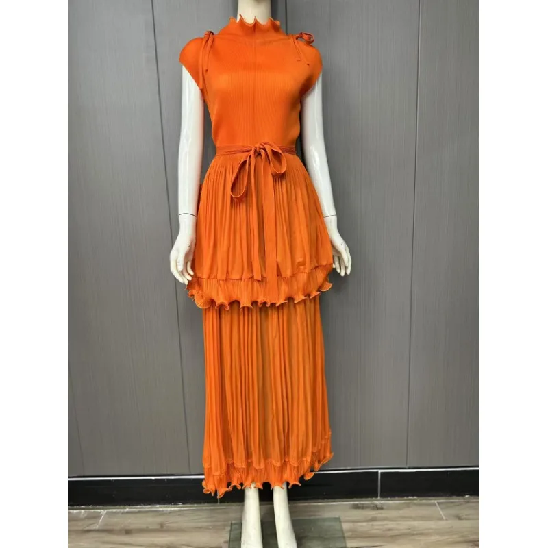 Miyake Pleated Cross Border New Solid Color Ruffle Neck Plus Size Women's Dresses Africa Middle East Plus Size Prom Dresses